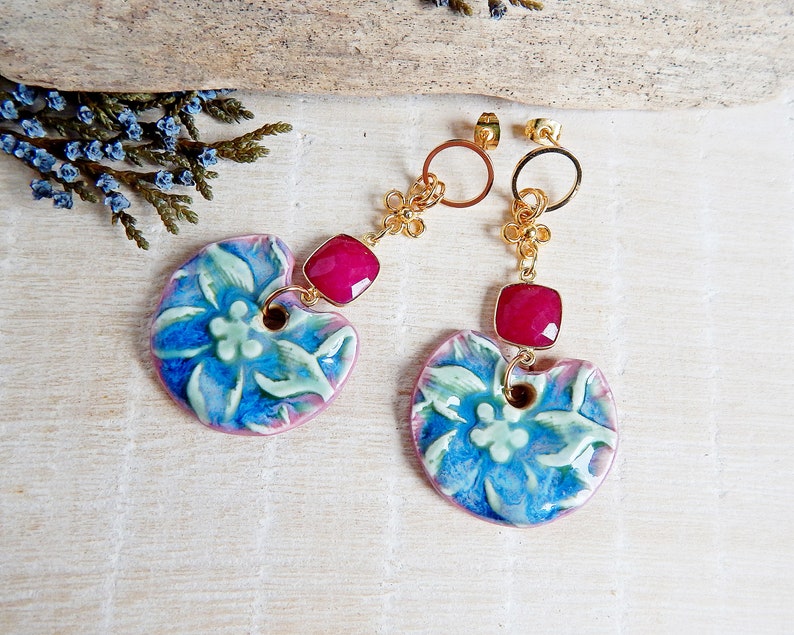 Bright Floral Handmade Ceramic Earrings Large Dangle Statement Earrings Boho Style Bold Porcelain Jewelry image 3