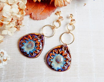 Large handmade ceramic earrings, Statement dangle floral earrings, Gold plated and porcelain unique earrings, Bold earrings for wedding