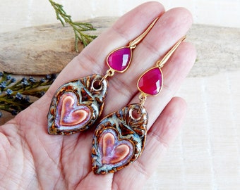 Long sacred heart earrings of ceramic, Dangle ex-votos earrings with pink amethyst gemstones, Statement milagros earrings of porcelain