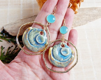 Big moon earring hoops with aquamarine gemstone, Artisan organic ceramic earrings, Fern circle statement earrings, Bold porcelain earrings