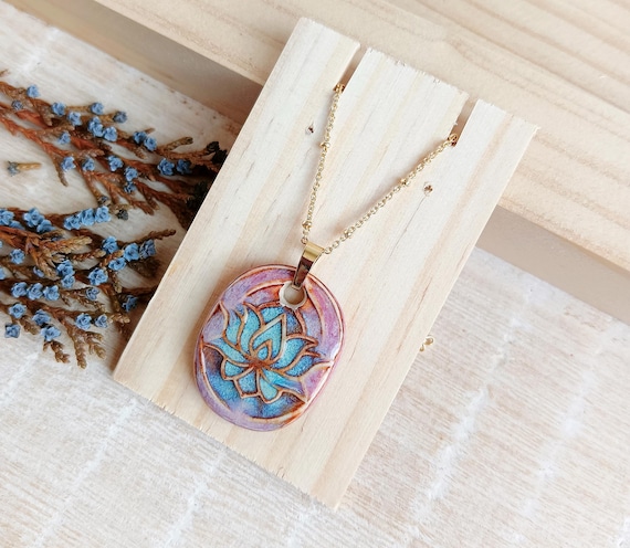 手作りの蓮の花の磁器ペンダントネックレス、ゴールドジュエリー 