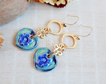 Statement boho porcelain dangle earrings, Heart ceramic charms big earrings, Gold brass floral long bold earrings, Unusual artisan jewelry