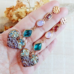 Drop heart ceramic earrings, Statement colorful glass earrings, Boho bright crystal long earrings, Dangle love earrings, Porcelain jewelry image 4