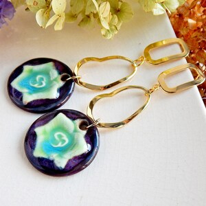 Long dangle flower earrings of ceramic, Gold circles nature earrings, Oval hoops large porcelain earrings, Statement unique purple earrings image 3