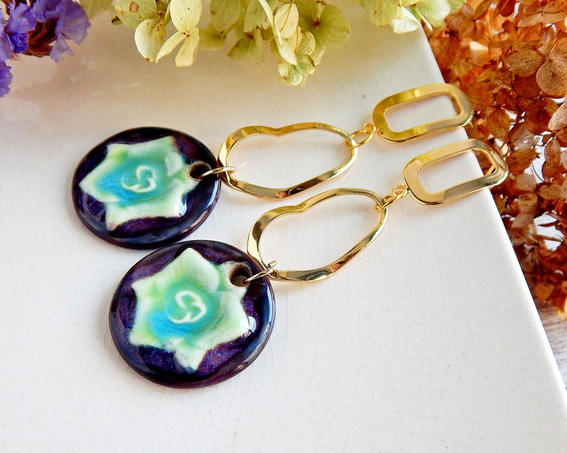 Long dangle flower earrings of ceramic, Gold circles nature earrings, Oval hoops large porcelain earrings, Statement unique purple earrings image 3