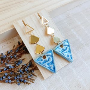 Triangle Shape Artisan Ceramic Earrings, Long Geometric Dangle Gold Plated Statement Earrings, Handmade Blue Earrings of Porcelain