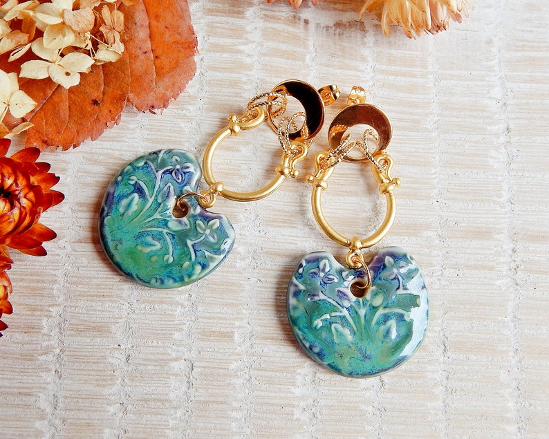 Porcelain and gold brass earrings, Statement boho boho long earrings, Gold plated and ceramic jewelry, Dangle big floral earrings image 3