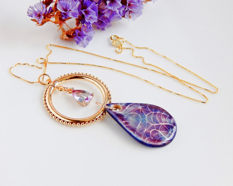 Gold and quartz necklace, ceramic statement pendant, geometric dangle necklace, gold plated purple necklace, gift for daughter image 2