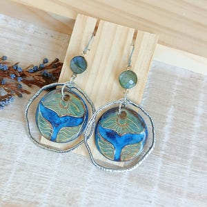 Whale tail pattern silver plated hoops, Chalcedony large round earrings of porcelain, Blue whale dangle earrings, Sea earrings of ceramic