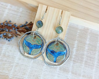 Whale tail pattern silver plated hoops, Chalcedony large round earrings of porcelain, Blue whale dangle earrings, Sea earrings of ceramic