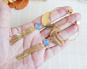 Statement oversized gold earrings, Contemporary lightweight earrings with fringes and blue quartz, Dangle geometric long bold earrings