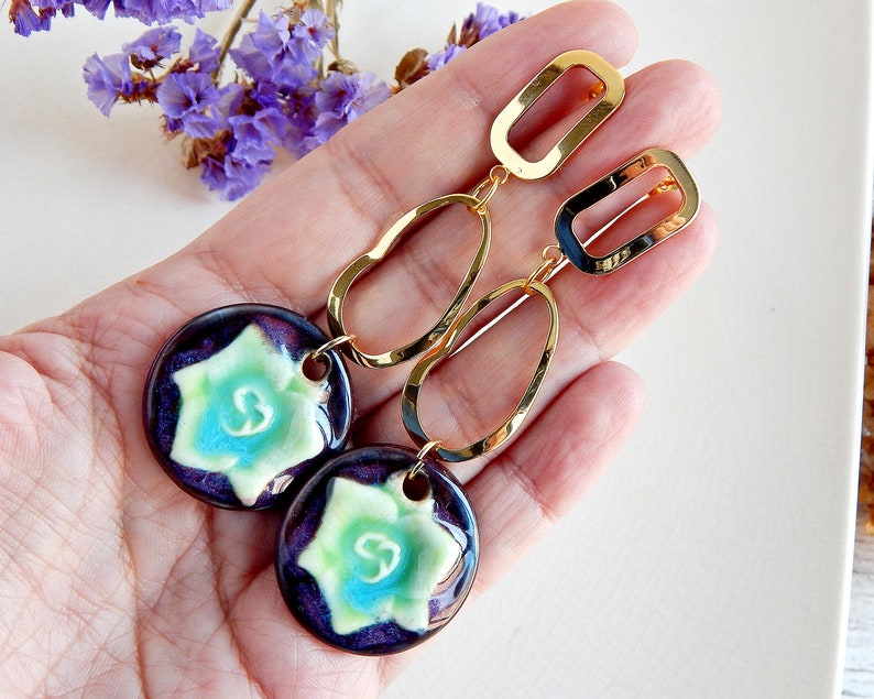 Long dangle flower earrings of ceramic, Gold circles nature earrings, Oval hoops large porcelain earrings, Statement unique purple earrings image 1