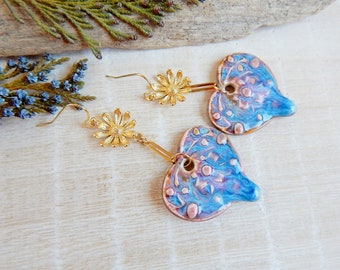 Long heart ceramic earrings, Statement boho floral pink earrings, Golden unique dangle porcelain earrings, Large textured handmade earrings