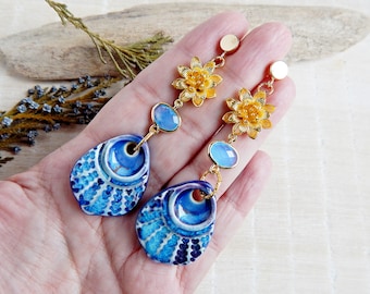 Floral boho ceramic earrings, Handmade long gold flowers earrings, Statement blue porcelain earrings, Artisan large earrings nature inspired