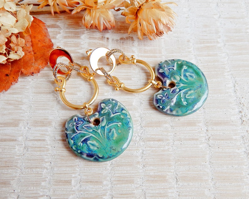 Porcelain and gold brass earrings, Statement boho boho long earrings, Gold plated and ceramic jewelry, Dangle big floral earrings image 6