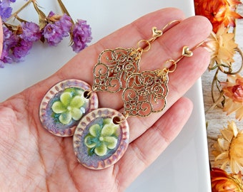 Bright floral dangle ceramic earrings, Statement large gold filigree earrings, Forget me not porcelain earrings, Unique bold artisan jewelry