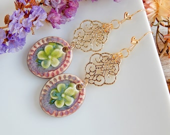Artisan-Made Bright Ceramic Earrings - Statement Floral Long Dangles with Filigree Gold Finish