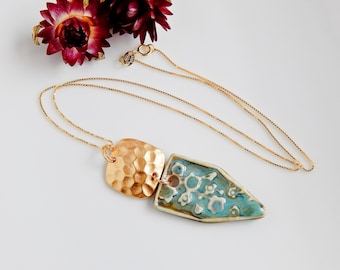 Gold geometric hammered necklace, unique statement boho pendant, modern ceramic necklace, romantic porcelain necklace, gift for sister
