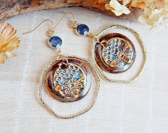 Bee with honeycomb hoop earrings, Statement dangle ceramic earrings, Porcelain and Sapphire bold earrings, Large bumble bee gold earrings