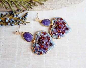 Unique Heart Long Earrings with Lepidolite Stones - Artisan Bright Ceramic Statement Jewelry in Gold Plated