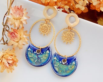 Bright Blue Statement Dangle Earrings, Unique Artisan Boho Ceramic Jewelry