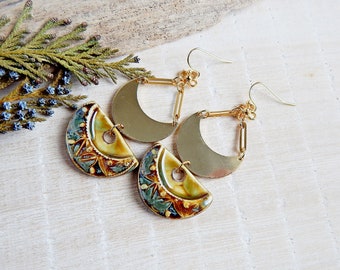 Statement gold drop earrings geometric, Green boho dangle ceramic earrings, Semicircle handmade porcelain earrings, Unique bold earrings