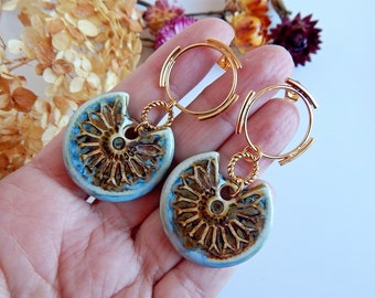 Double hoops statement earrings, big boho ceramic earrings, gold plated bold dangles, porcelain geometric earrings, gift for girlfriend