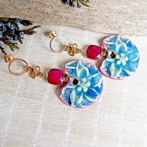 Bright Floral Handmade Ceramic Earrings Large Dangle Statement Earrings Boho Style Bold Porcelain Jewelry image 1