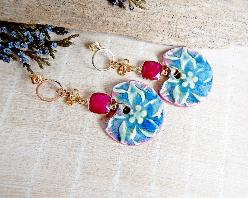 Bright Floral Handmade Ceramic Earrings Large Dangle Statement Earrings Boho Style Bold Porcelain Jewelry image 1