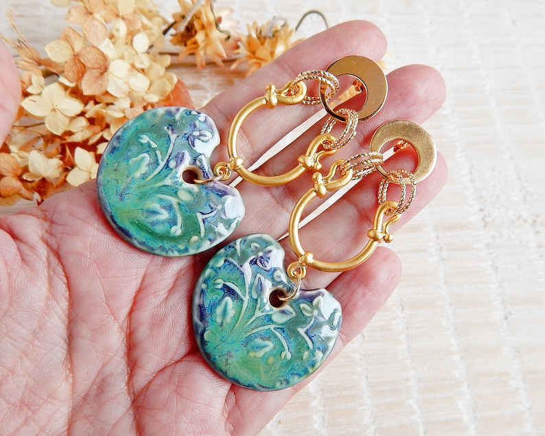 Porcelain and gold brass earrings, Statement boho boho long earrings, Gold plated and ceramic jewelry, Dangle big floral earrings image 2