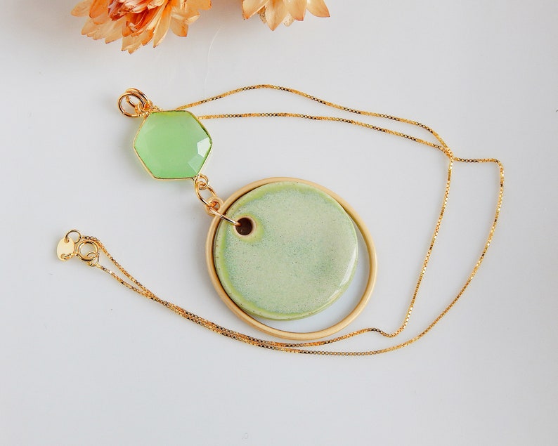 Statement necklace with quartz, green porcelain necklace, gold plated dangle necklace, geometric ceramic necklace, gift for women image 8
