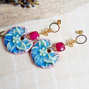 Bright Floral Handmade Ceramic Earrings Large Dangle Statement Earrings Boho Style Bold Porcelain Jewelry image 6