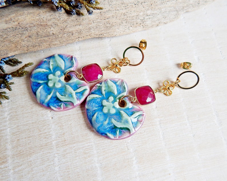 Bright Floral Handmade Ceramic Earrings Large Dangle Statement Earrings Boho Style Bold Porcelain Jewelry image 6