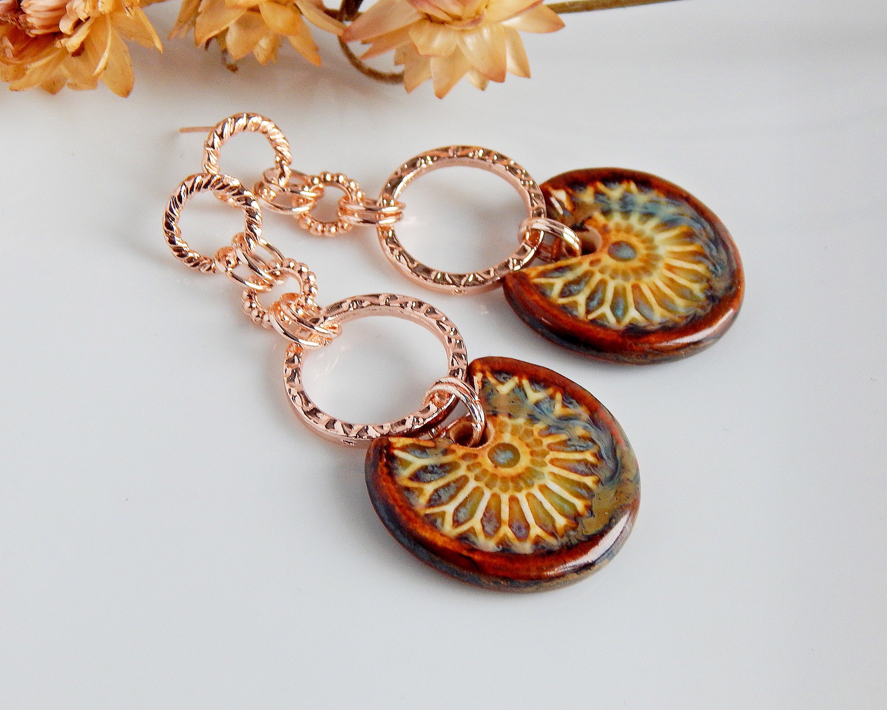 Geometric Rose Gold Earrings Long Hoops Earrings Circles Etsy