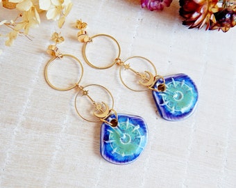 Long blue ceramic earrings, Celestial gold drop earrings, Dangle lightweight porcelain earrings, Statement boho unique jewelry, Gift for mom