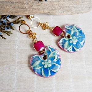 Bright Floral Handmade Ceramic Earrings Large Dangle Statement Earrings Boho Style Bold Porcelain Jewelry image 5