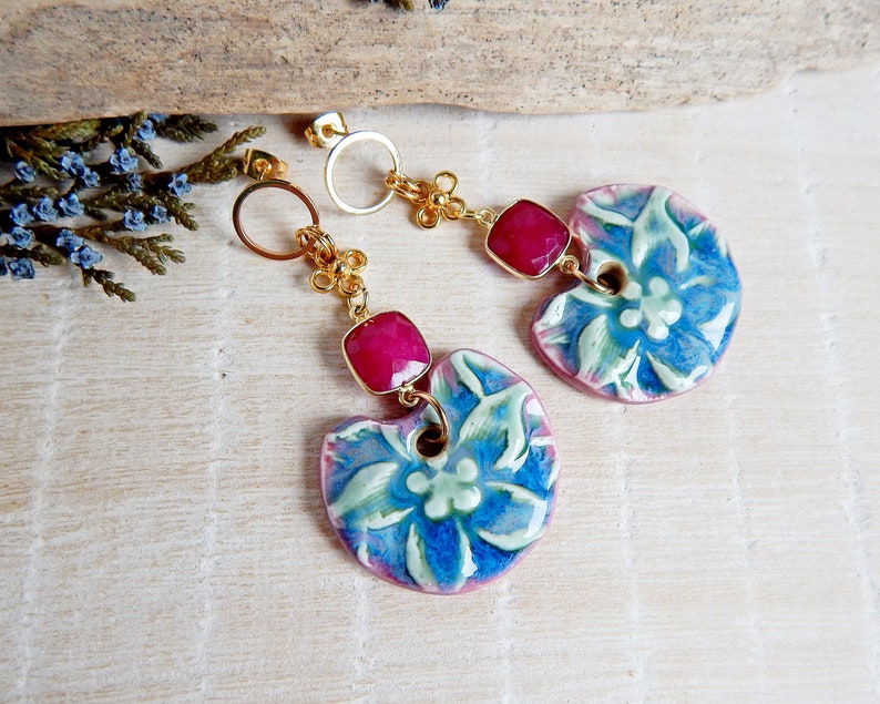 Bright Floral Handmade Ceramic Earrings Large Dangle Statement Earrings Boho Style Bold Porcelain Jewelry image 5