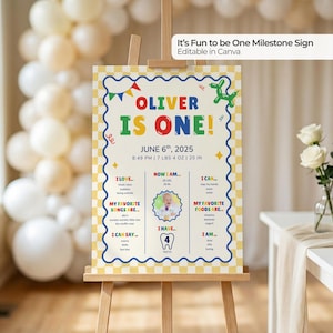 May include: A milestone sign on an easel, featuring the text "OLIVER IS ONE!" in colorful letters. The sign includes the date, time, weight (7 lbs 4 oz), and height (20 in) of the child. The background is a yellow and white checkered pattern.
