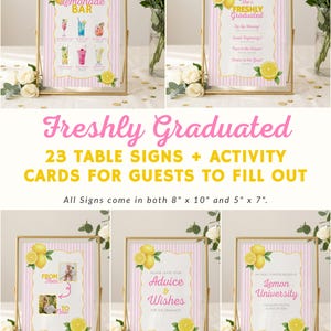 May include: A collection of framed signs with a lemon theme, perfect for a graduation party. The signs feature pink and white stripes, lemon illustrations, and various text, including "Lemonade Bar" and "Freshly Graduated."