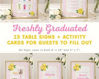 Freshly Graduated Table Signs, Graduation Party Decor, Lemonade Bar Sign with Lemonade Bar Clipart, Editable Canva Template, Class of 2026