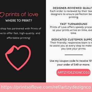 May include: A promotional graphic for Prints of Love, featuring a pink heart logo and text on a black and white background. The text highlights designer-reviewed quality, fast turnaround, and dedicated customer support. A coupon code is also included.