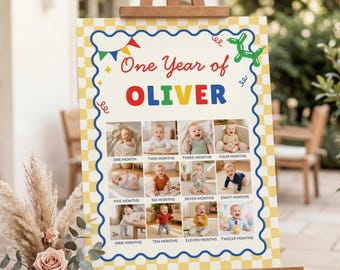 It's Fun to Be One fotobord, primaire kleuren mijlpaalbord eerste verjaardag, sjabloon fotocollage baby eerste jaar, geel dambord