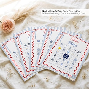 May include: Baby Bingo cards with a red, white, and blue theme. The cards have a scalloped red border and blue and white striped edges. The text on the cards reads "Baby Bingo" and "Free Space". The image includes the text "Red, White & Due Baby Bingo Cards".