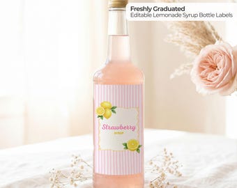 Freshly Graduated Lemonade Bar Syrup Labels, Graduation Party Drink Bar Decor, Canva Template, Pink Lemon Grad, Custom Bottle Label
