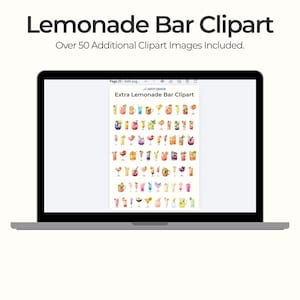 May include: A laptop screen displays a collection of colorful lemonade bar clipart images. The text "Lemonade Bar Clipart" is at the top, with "Over 50 Additional Clipart Images Included." below it. The screen shows various watercolor illustrations of lemonade drinks.