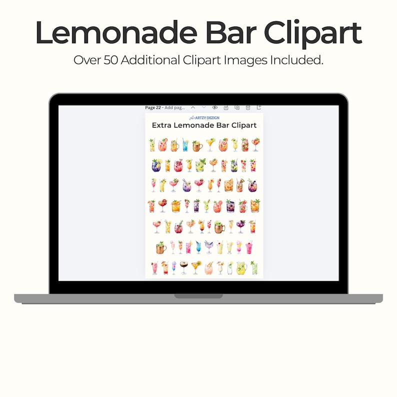 May include: A laptop screen displays a collection of colorful lemonade bar clipart images. The text "Lemonade Bar Clipart" is at the top, with "Over 50 Additional Clipart Images Included." below it. The screen shows various watercolor illustrations of lemonade drinks.