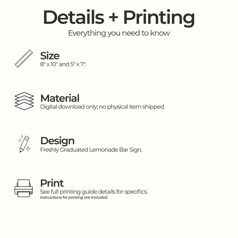 May include: A white graphic with the text "Details + Printing" and "Everything you need to know." The image includes information about size, material, design, and print. The design is for a "Freshly Graduated Lemonade Bar Sign."