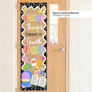 Back to School Classroom Door Banner, Amazing Things Happen Here, Composition Book, Editable Canva Template, Rainbow Teacher Sign, Printable