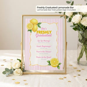 May include: A framed sign for a lemonade bar, featuring pink and white stripes and the text "She's Freshly Graduated." The sign includes instructions and lemon illustrations. A gold frame holds the sign, with flowers and confetti in the background.