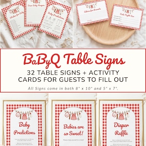 Pode incluir: Um conjunto de placas de mesa e cartões de atividades para chá de bebê. As placas e cartões apresentam um padrão xadrez vermelho e branco com ilustrações com tema de bebê. O texto inclui "Baby Predictions", "Babies are so Sweet!" e "Diaper Raffle".